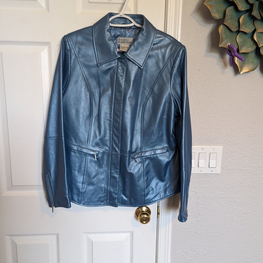 VINTAGE REAL LEATHER | METALLIC / PEARL BLUE | Jacket | L | Bradley Bayou | EUC - Picture 2 of 15